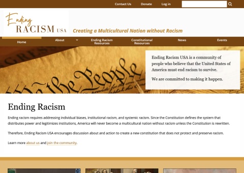 screenshot of Ending Racism USA home page with image of the constitution showing "We the People"